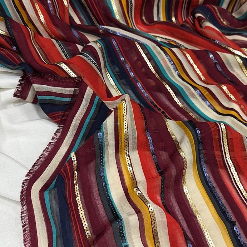 Ethnic Fashion Design - Красочная полосатая вышитая ткань с блестками,
